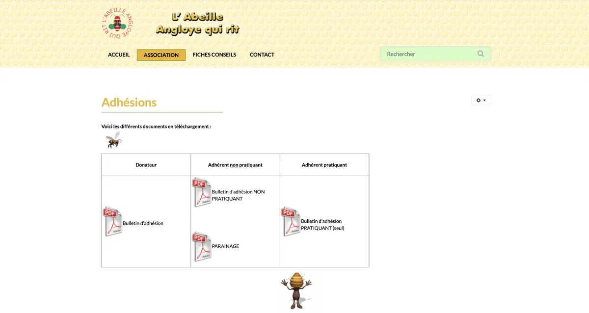 La page Adhésions de l'ancien site : un tableau à trois colonnes, Donateur, Adhérent non pratiquant, Adhérent pratiquant, avec quatre icônes de PDF Adobe, et un dessin de ruche animée en bas.