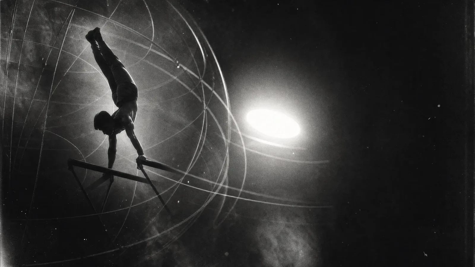 An athlete balanced on a bar, arms out, in a monochrome wireframe cosmos: meridians drawn in line, a glowing galaxy on the right, a dense silver grain.